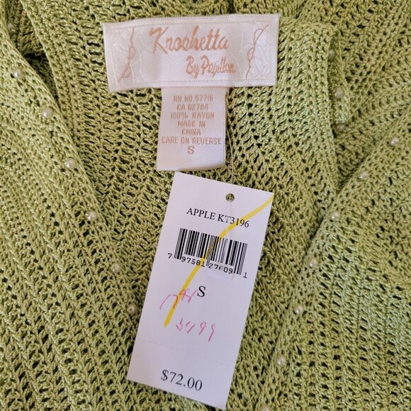 Kroshetta by Papillon S Green Rayon Sleeveless Crochet Top Boho Coastal Beaded - Picture 4 of 8